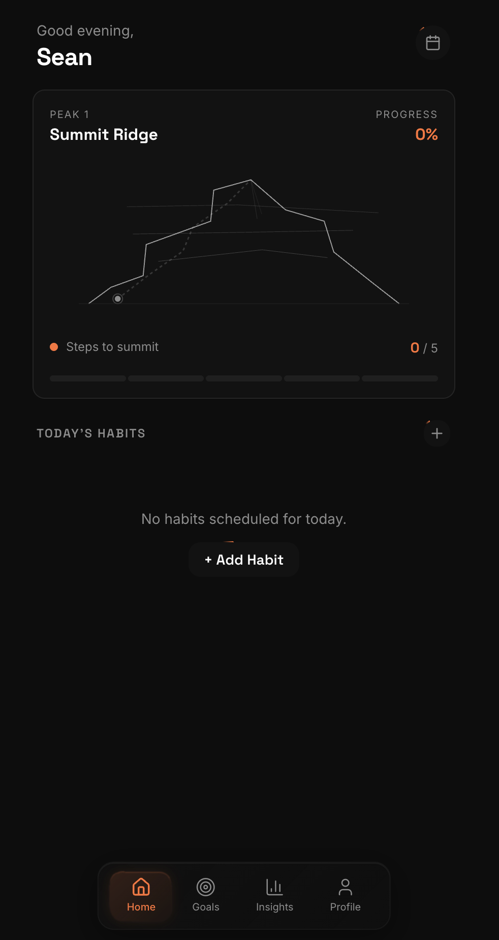 Elevatr app homepage showing a mountain goal tracker with peak progress chart