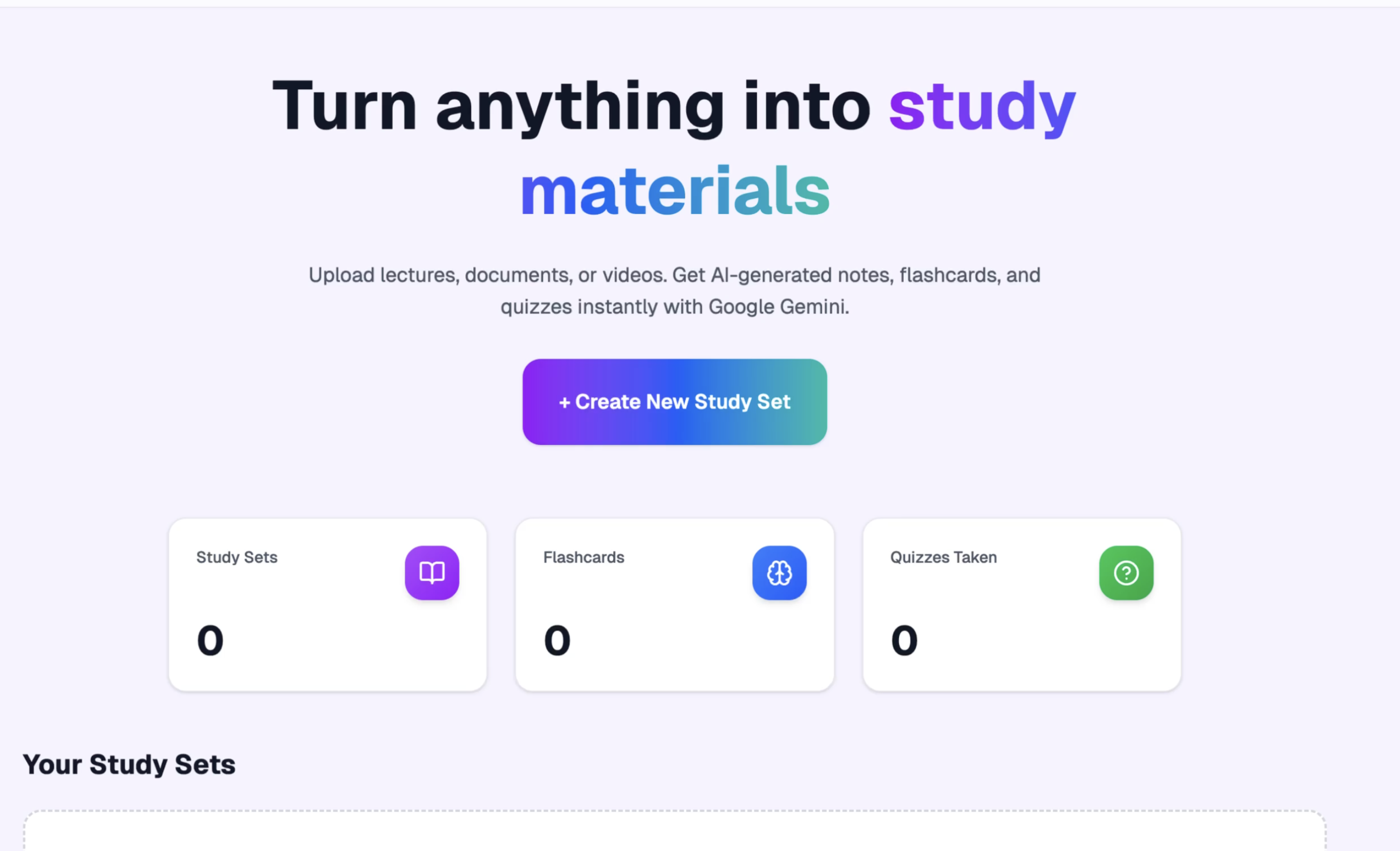 Flow-State app homepage showing AI-powered study materials generator with flashcards and quizzes