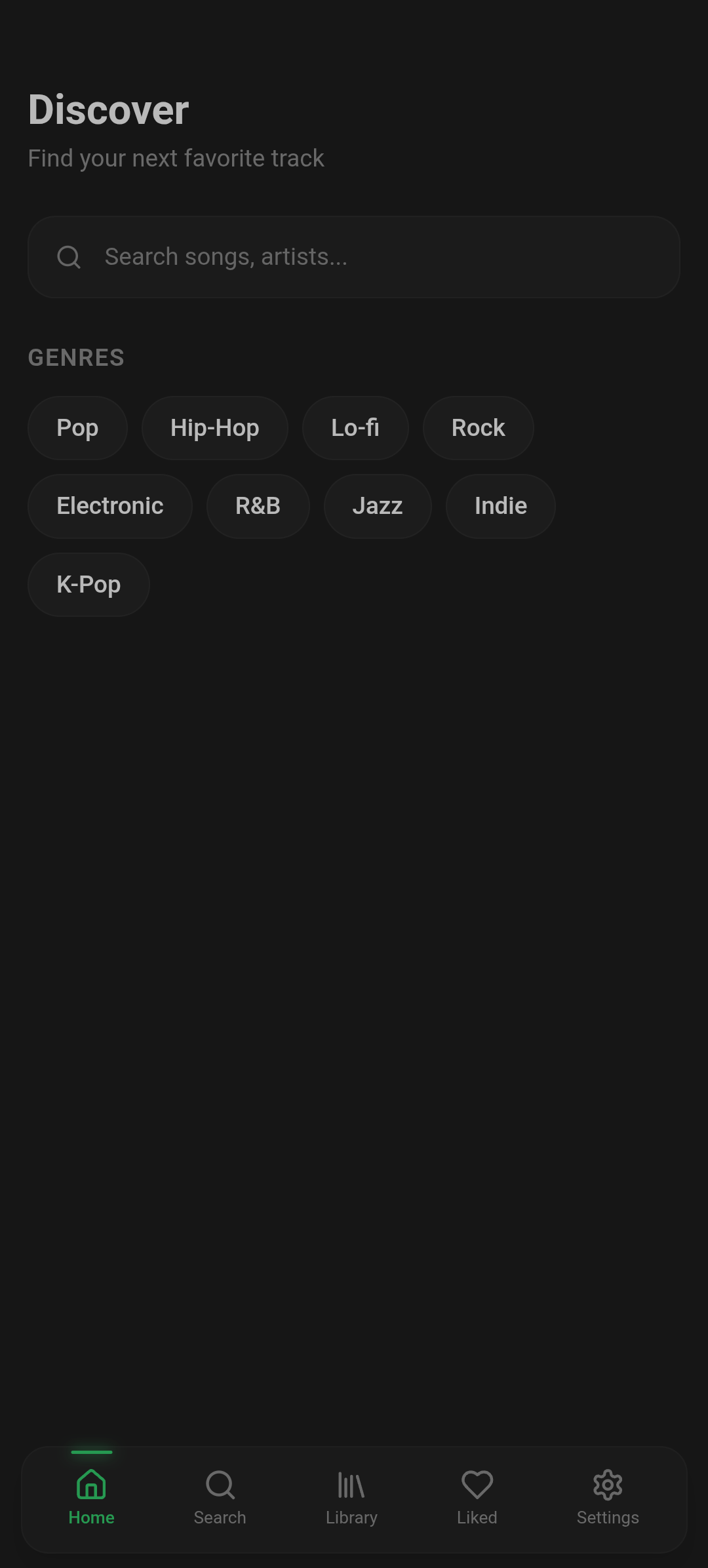 WaveForm app showing the Discover page with genre filters and AI-powered music recommendations